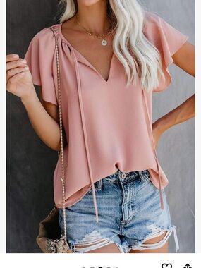 Light Pink V-Neck Flutter Sleeve Blouse with Tie Detail